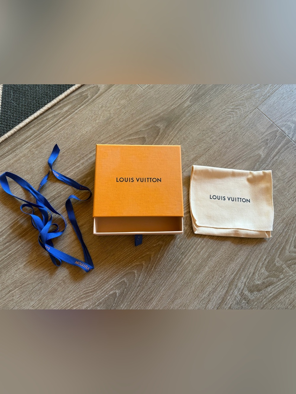 Louis Vuitton Orange Jewelry Gift Box with Blue Ribbon and Cream Dust Bag